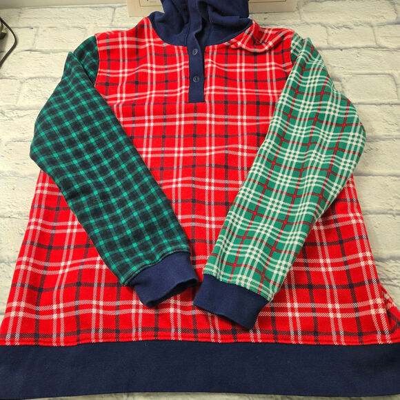 Lands' End Serious Sweats Hoodie Mixed Plaids Red Blue Green size Large (14-16) - Picture 3 of 16